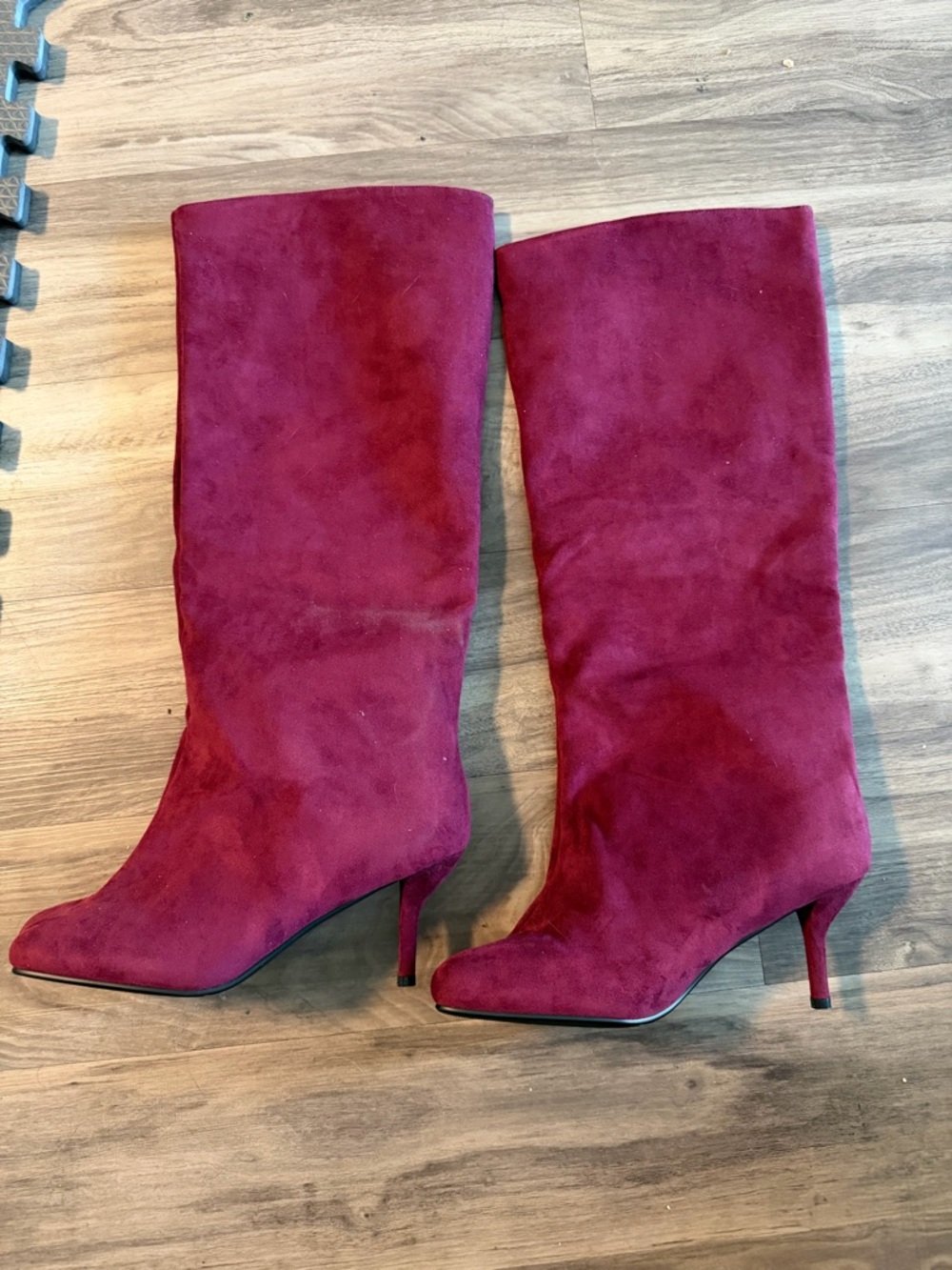 Red Wine Suede Knee High Heel Boots - Picture 2 of 4